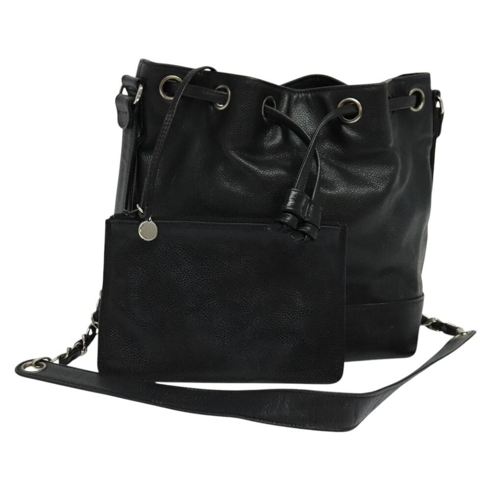CHANEL Shoulder Bag Caviar Skin Black Silver CC